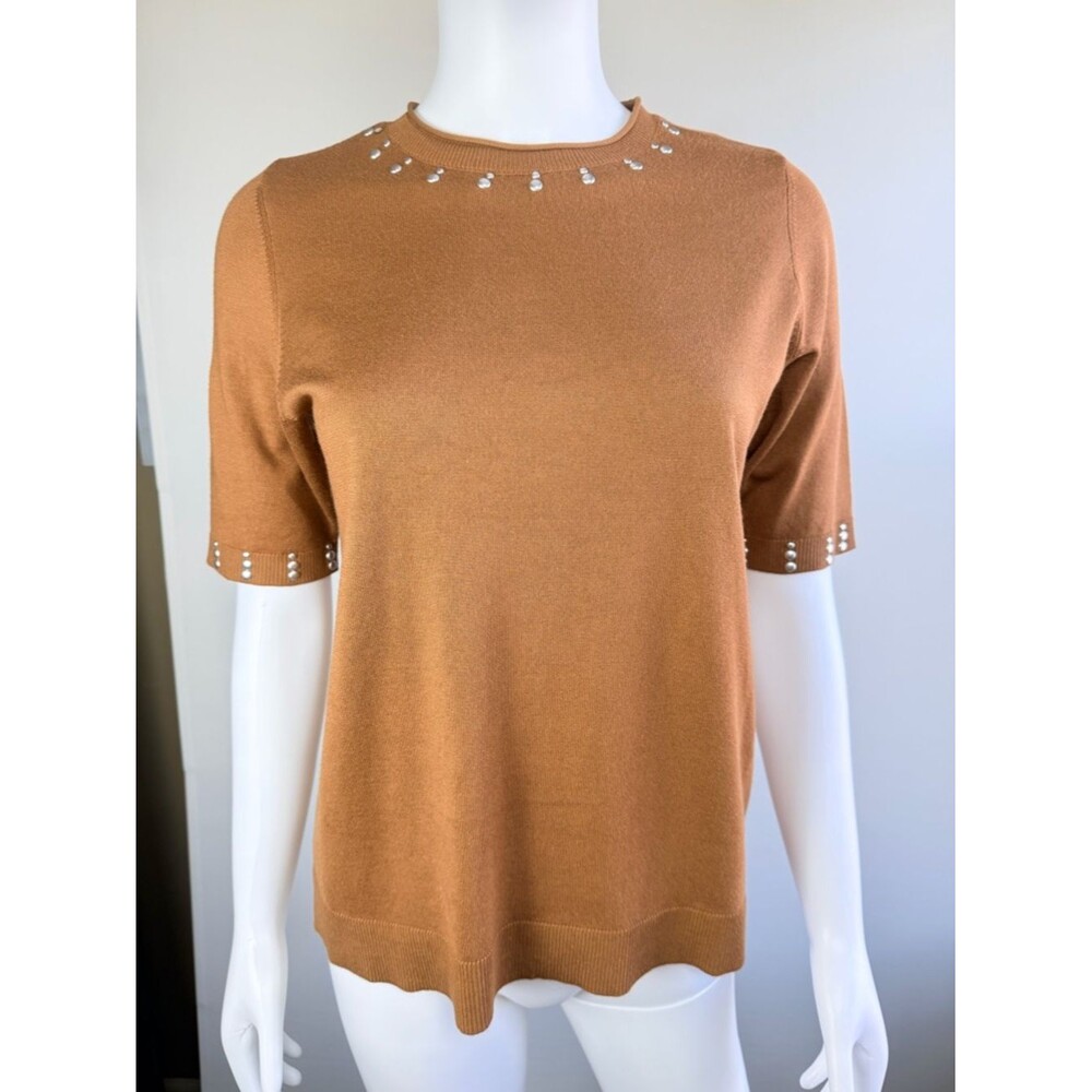 Chico's Camel Studded Knit Sweater Top Short Sleeve Size Small